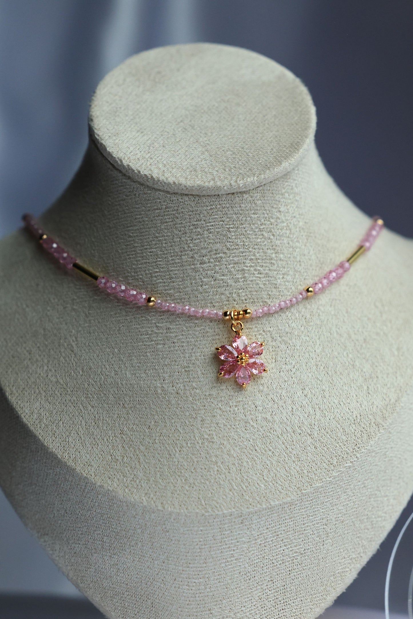SET Necklace + Earrings, Natural Pink Zircon and Flower Pendant