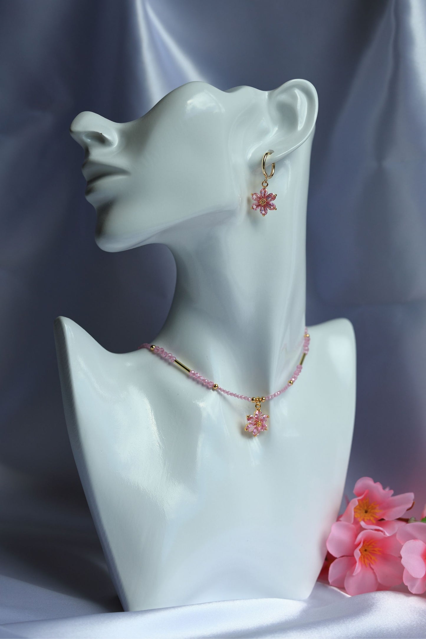 SET Necklace + Earrings, Natural Pink Zircon and Flower Pendant