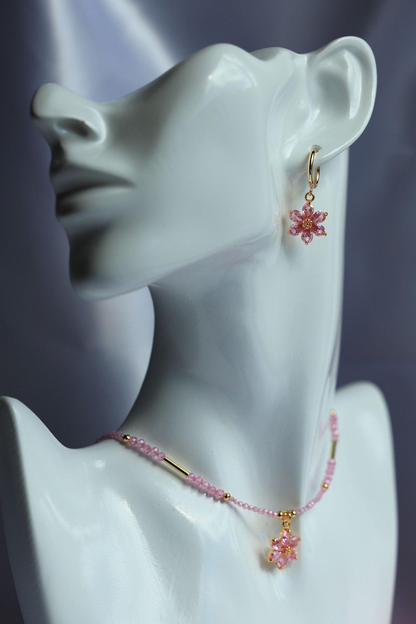 SET Necklace + Earrings, Natural Pink Zircon and Flower Pendant