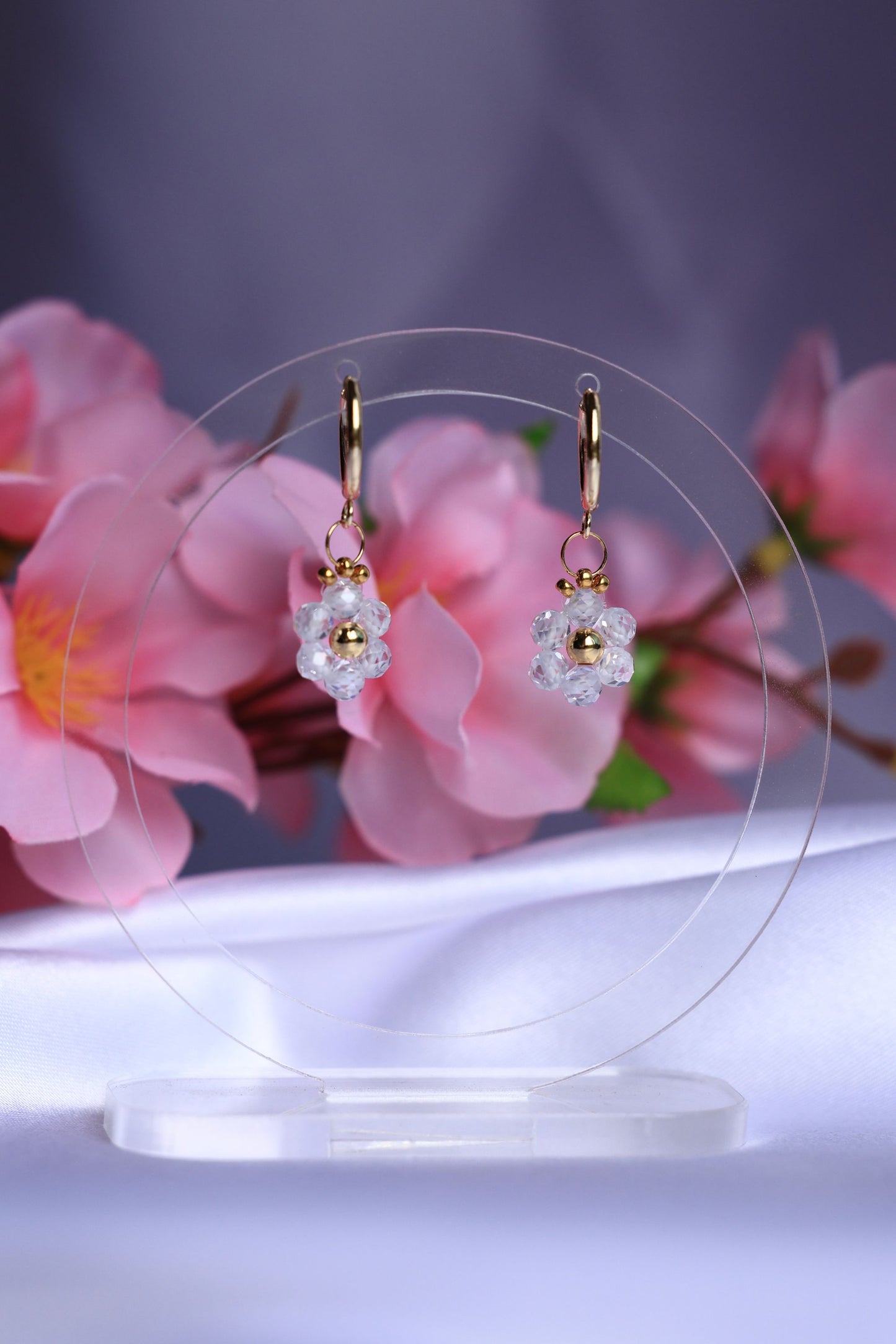 Daisy Hoop Earrings Natural Zircon Stone