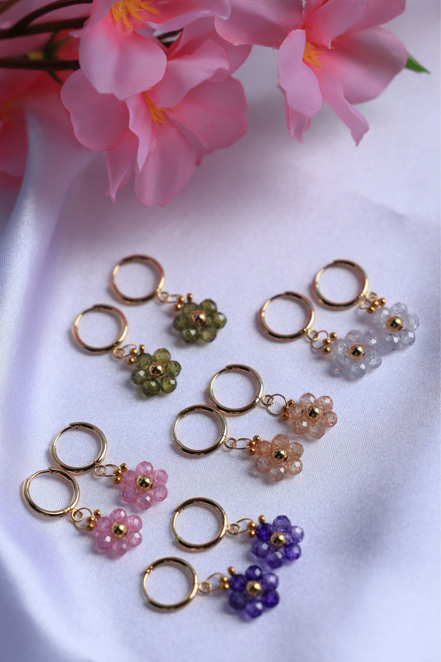 Daisy Hoop Earrings Natural Zircon Stone
