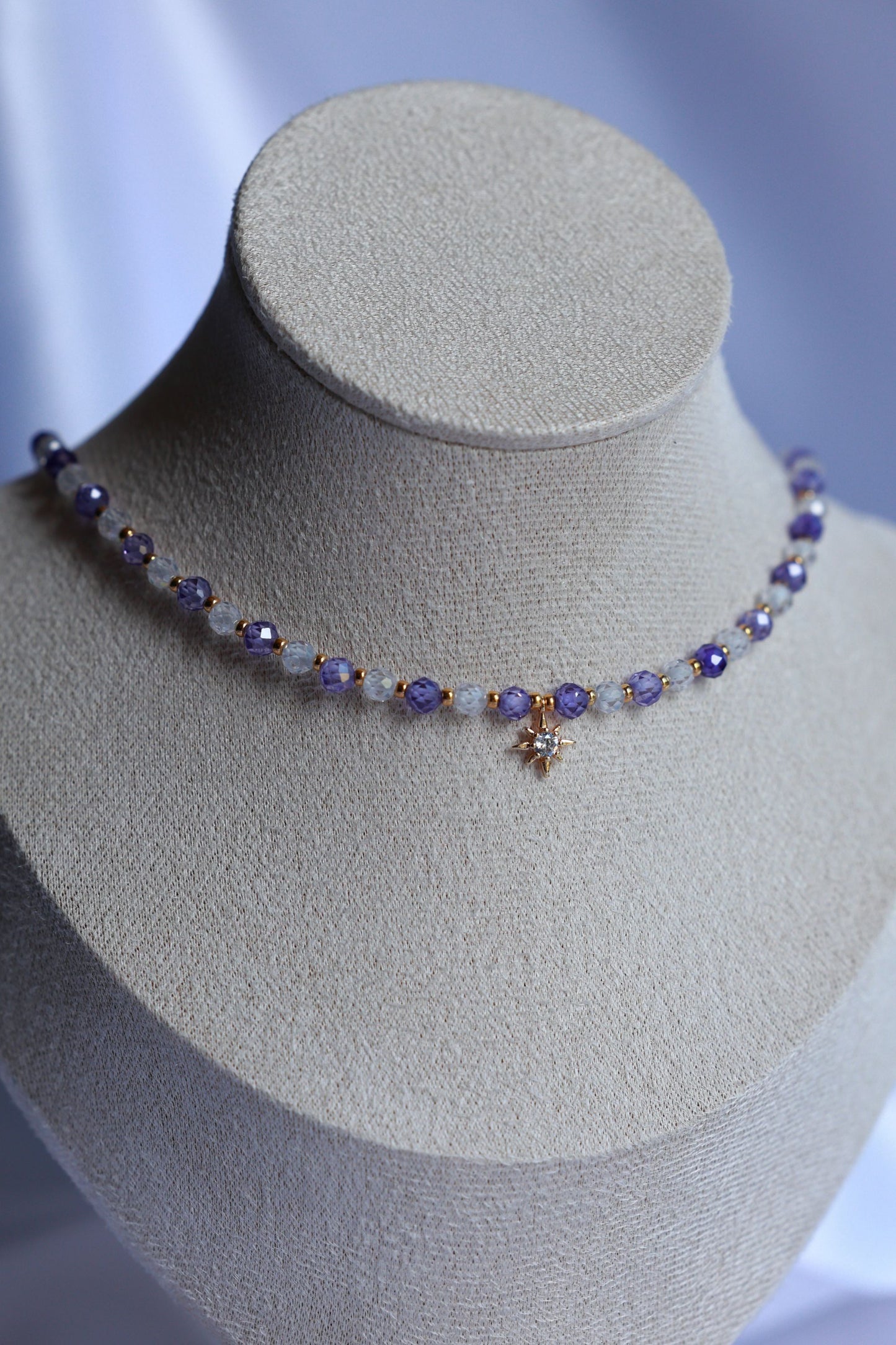 Purple and White Natural Zircon Stone Necklace with Star Pendant