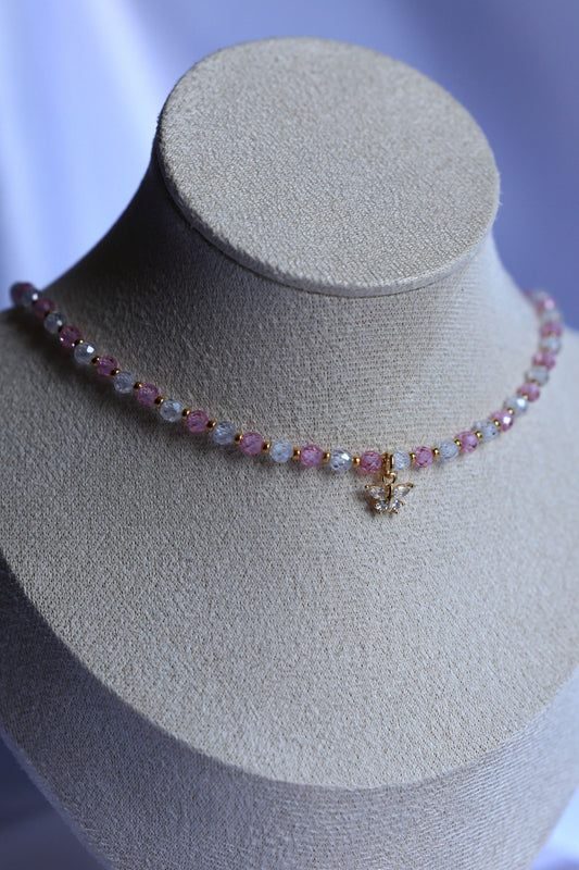 Pink and White Natural Zircon Stone Necklace with Butterfly Pendant