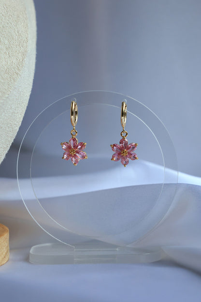 SET Necklace + Earrings, Natural Pink Zircon and Flower Pendant