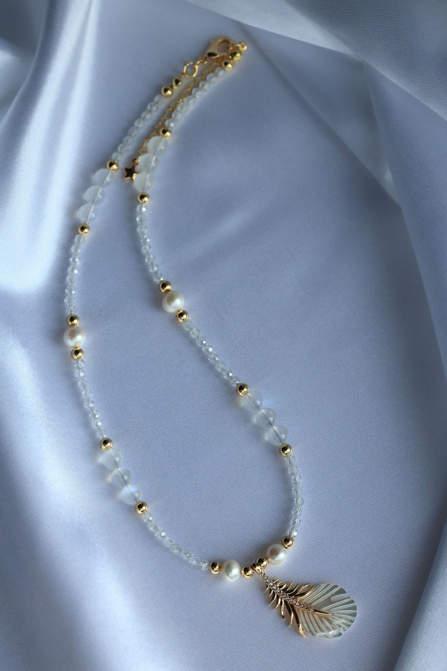 Natural Freshwater Pearl, Moonstone and Zircon Necklace with Feather Pendant