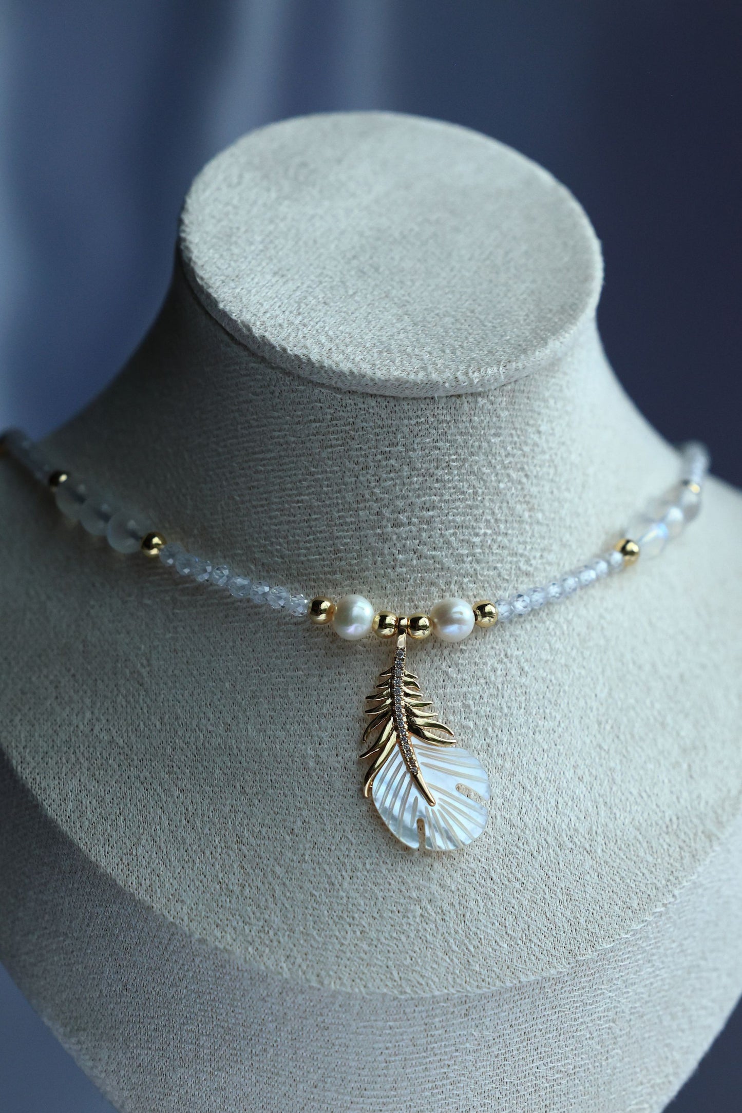 Natural Freshwater Pearl, Moonstone and Zircon Necklace with Feather Pendant