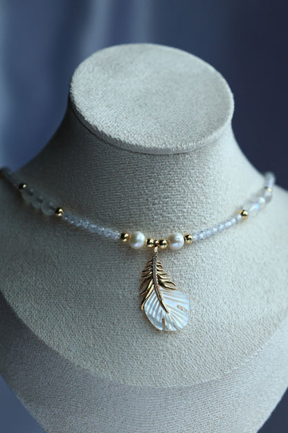 Natural Freshwater Pearl, Moonstone and Zircon Necklace with Feather Pendant