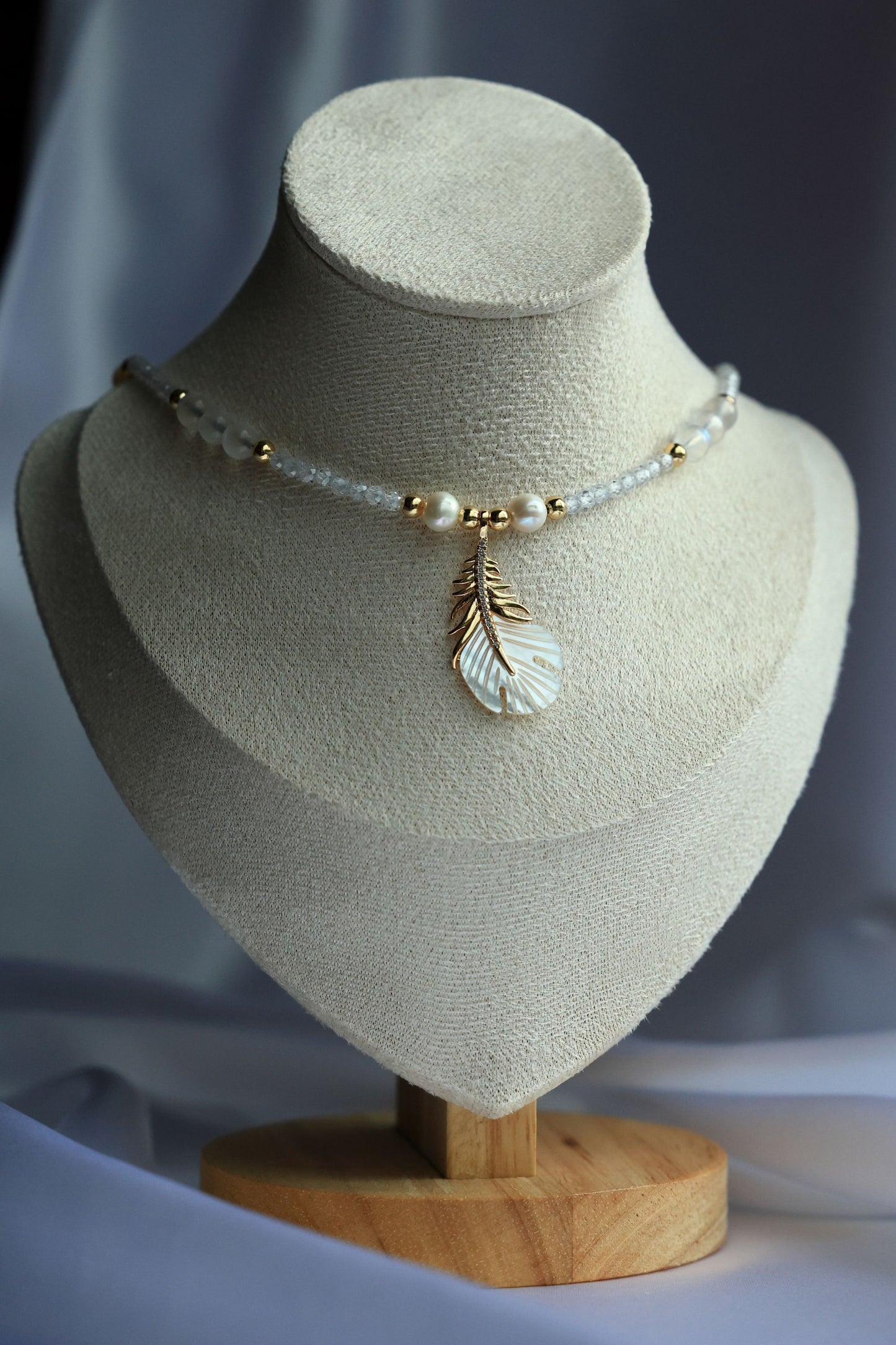 Natural Freshwater Pearl, Moonstone and Zircon Necklace with Feather Pendant