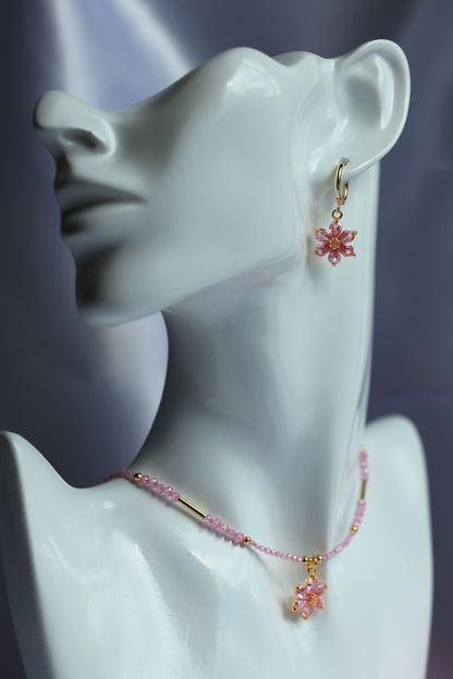 SET Necklace + Earrings, Natural Pink Zircon and Flower Pendant