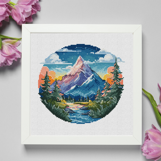 Digital Cross Stitch Pattern "Forest and Snowy Peaks"