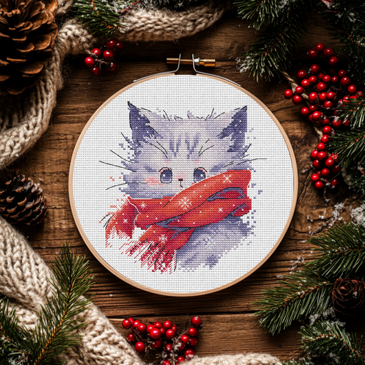 Digital Cross Stitch Pattern "Kitten in a Red Scarf"