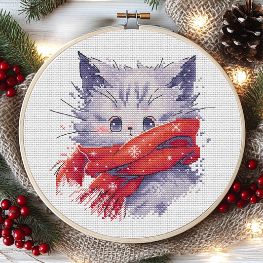 Digital Cross Stitch Pattern "Kitten in a Red Scarf"