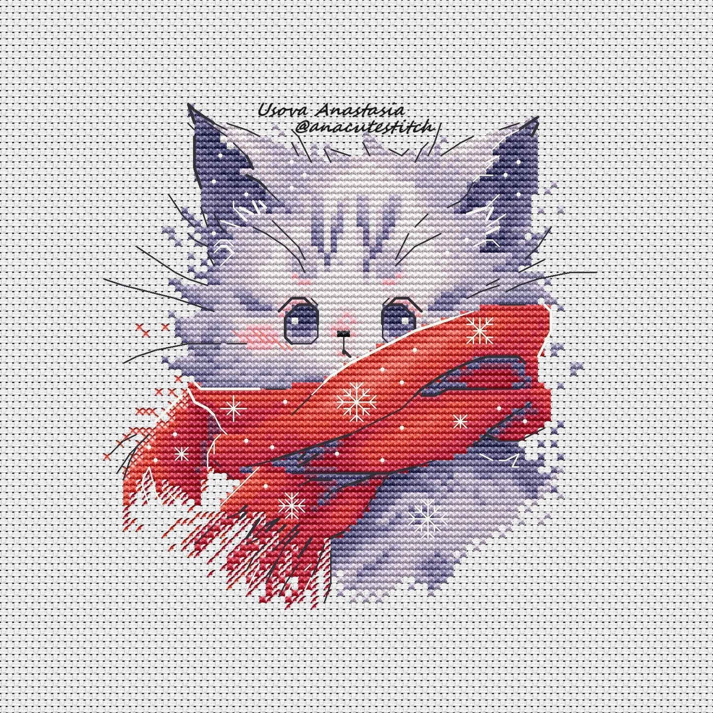 Digital Cross Stitch Pattern "Kitten in a Red Scarf"
