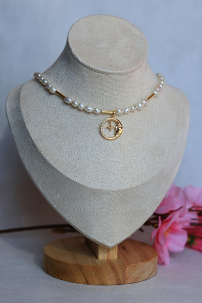 Natural Freshwater Pearl Necklace with a Crescent Moon Pendant