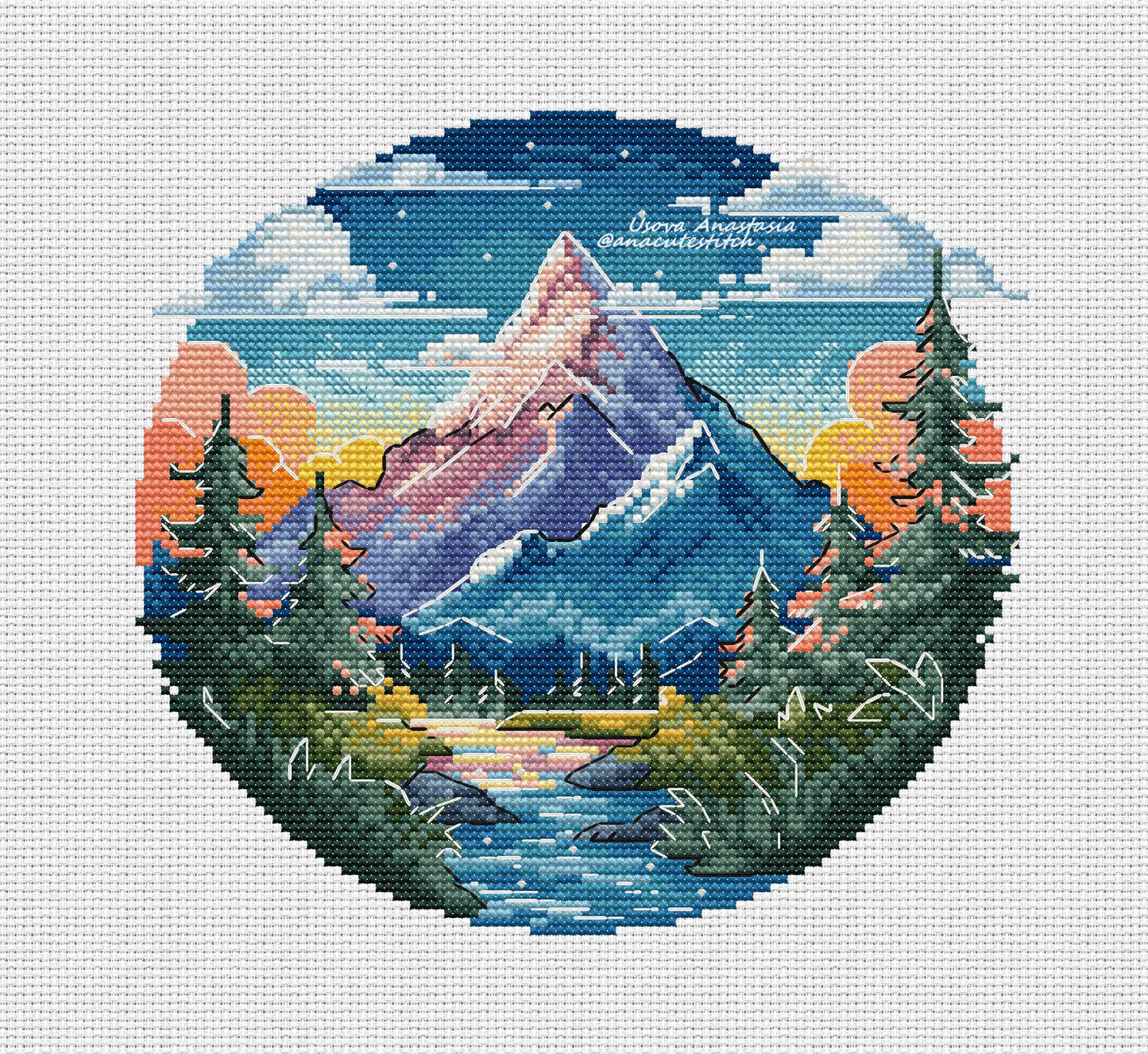 Digital Cross Stitch Pattern "Forest and Snowy Peaks"