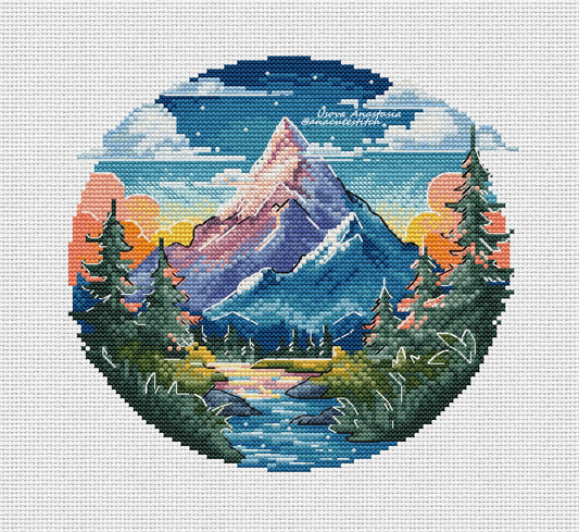 Digital Cross Stitch Pattern "Forest and Snowy Peaks"