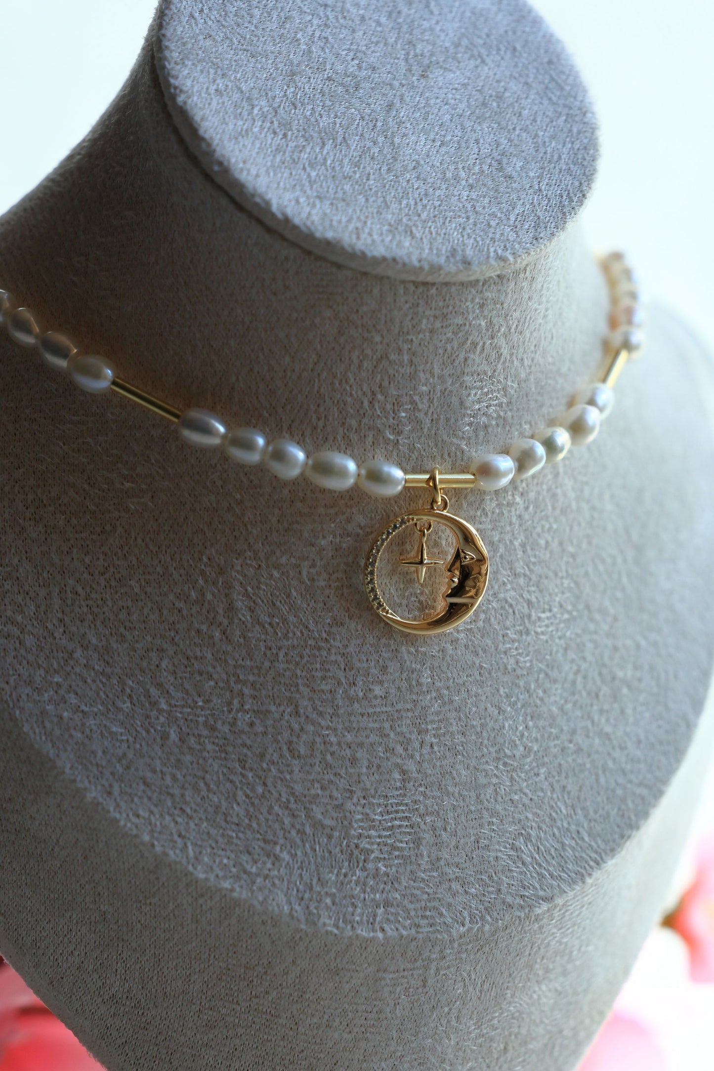 Natural Freshwater Pearl Necklace with a Crescent Moon Pendant