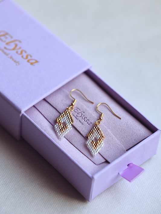Earrings "Double Diamonds" Crystal White and 24K Gold Plated beads