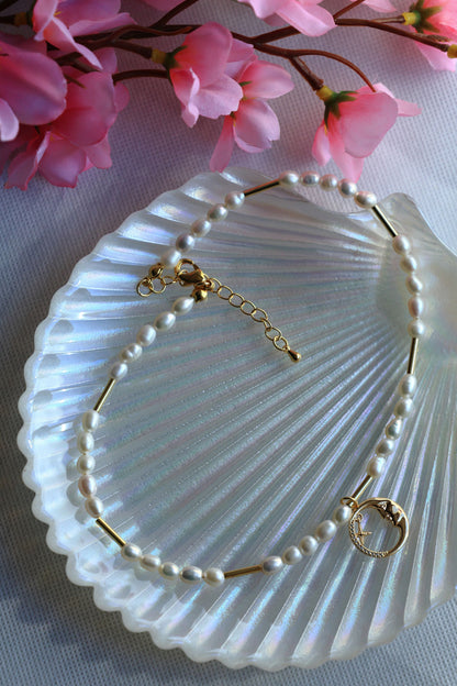 Natural Freshwater Pearl Necklace with a Crescent Moon Pendant