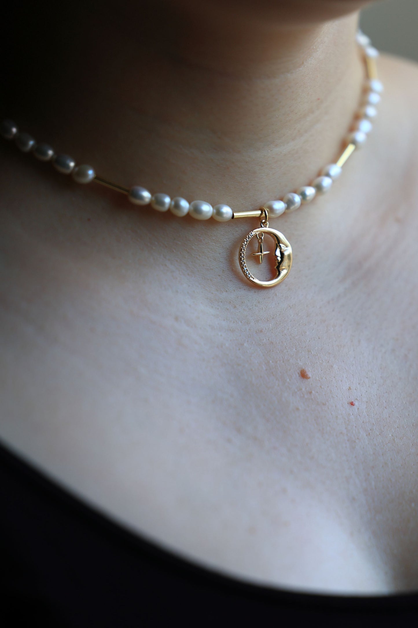 Natural Freshwater Pearl Necklace with a Crescent Moon Pendant