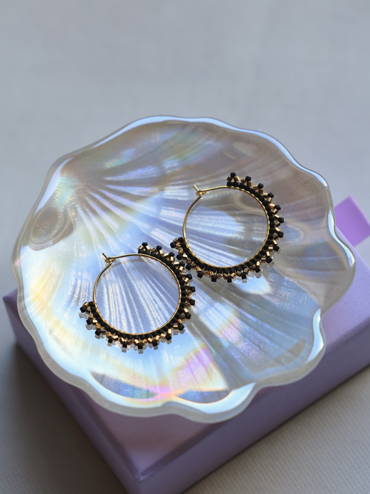 Matte Black and 24K Gold Plated beads Hoop earrings