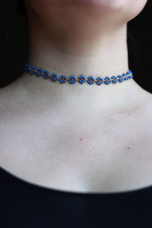 Daisy Necklace "BlueBerry" Matte Blue and 24K Gold Plated beads