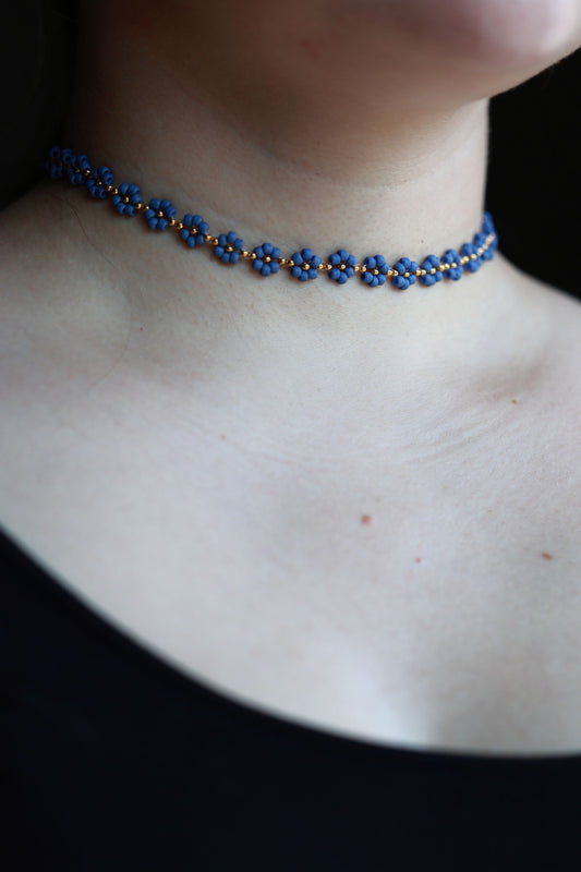 Daisy Necklace "BlueBerry" Matte Blue and 24K Gold Plated beads