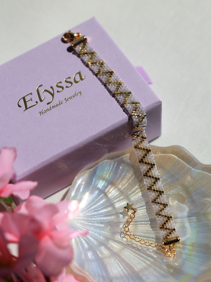 Crystal White and Lavender Bead Bracelet with 24K Gold-Plated Zigzag Pattern