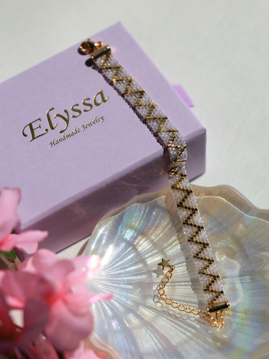 Crystal White and Lavender Bead Bracelet with 24K Gold-Plated Zigzag Pattern