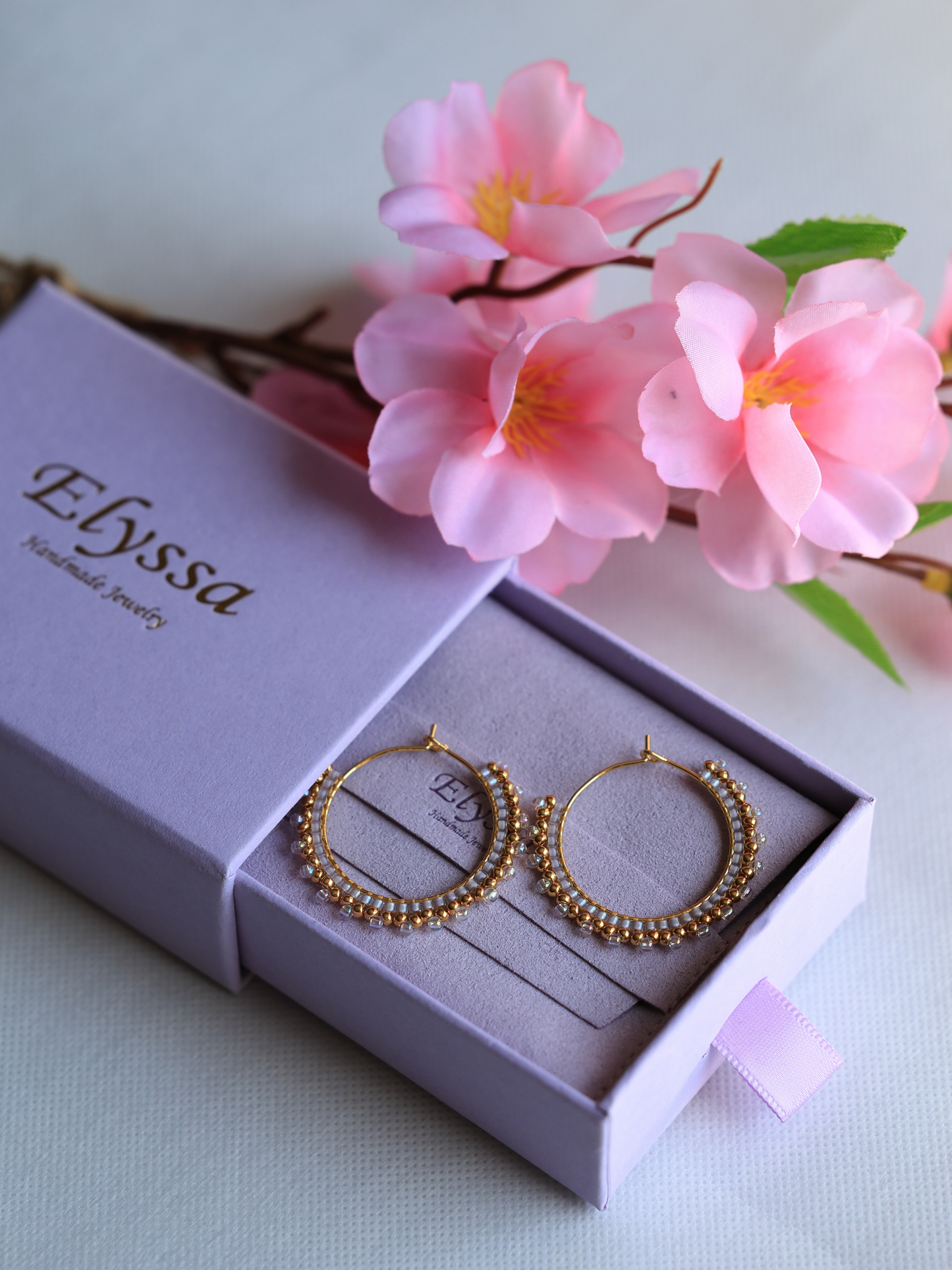 Lavender and 24K Gold Plated beads Hoop Earrings