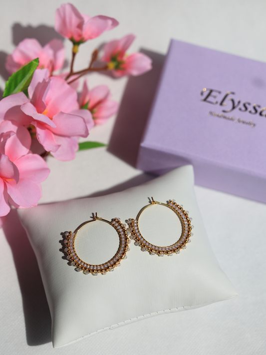 Lavender and 24K Gold Plated beads Hoop Earrings