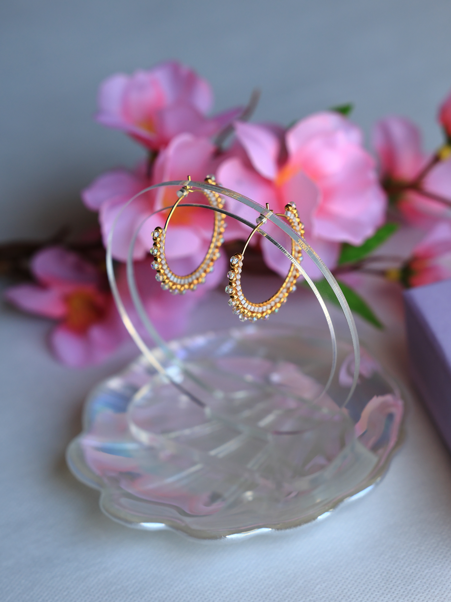 Lavender and 24K Gold Plated beads Hoop Earrings