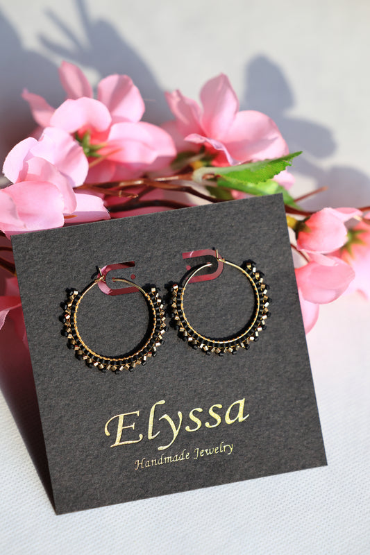 Matte Black and 24K Gold Plated beads Hoop earrings
