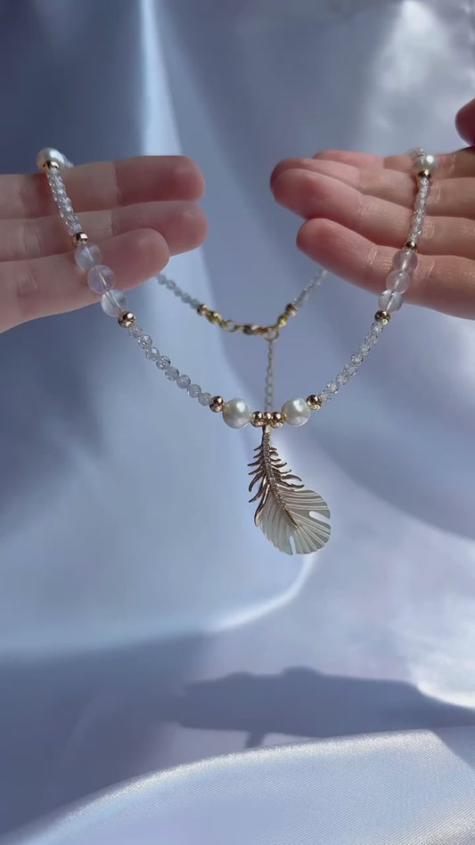 Natural Freshwater Pearl, Moonstone and Zircon Necklace with Feather Pendant